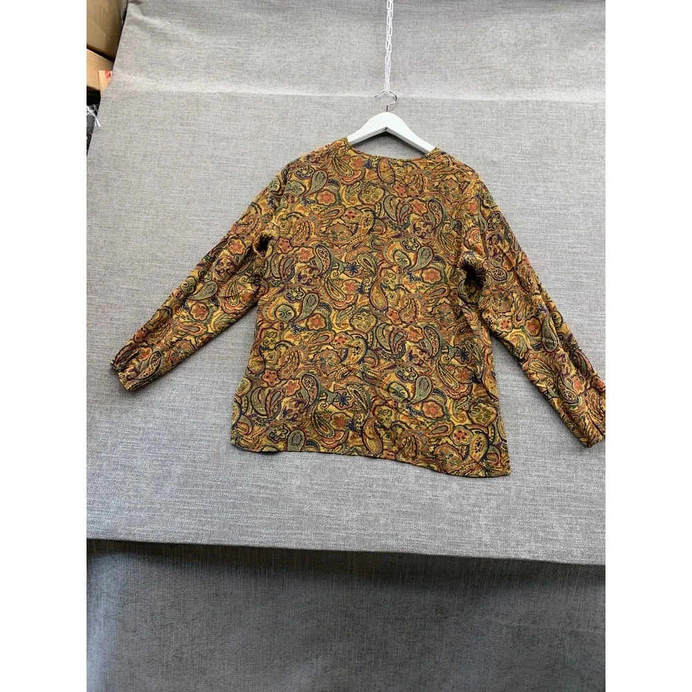 August Silk Shirt Women Medium Multicolor Paisley Print Silk Side Slit Button Up